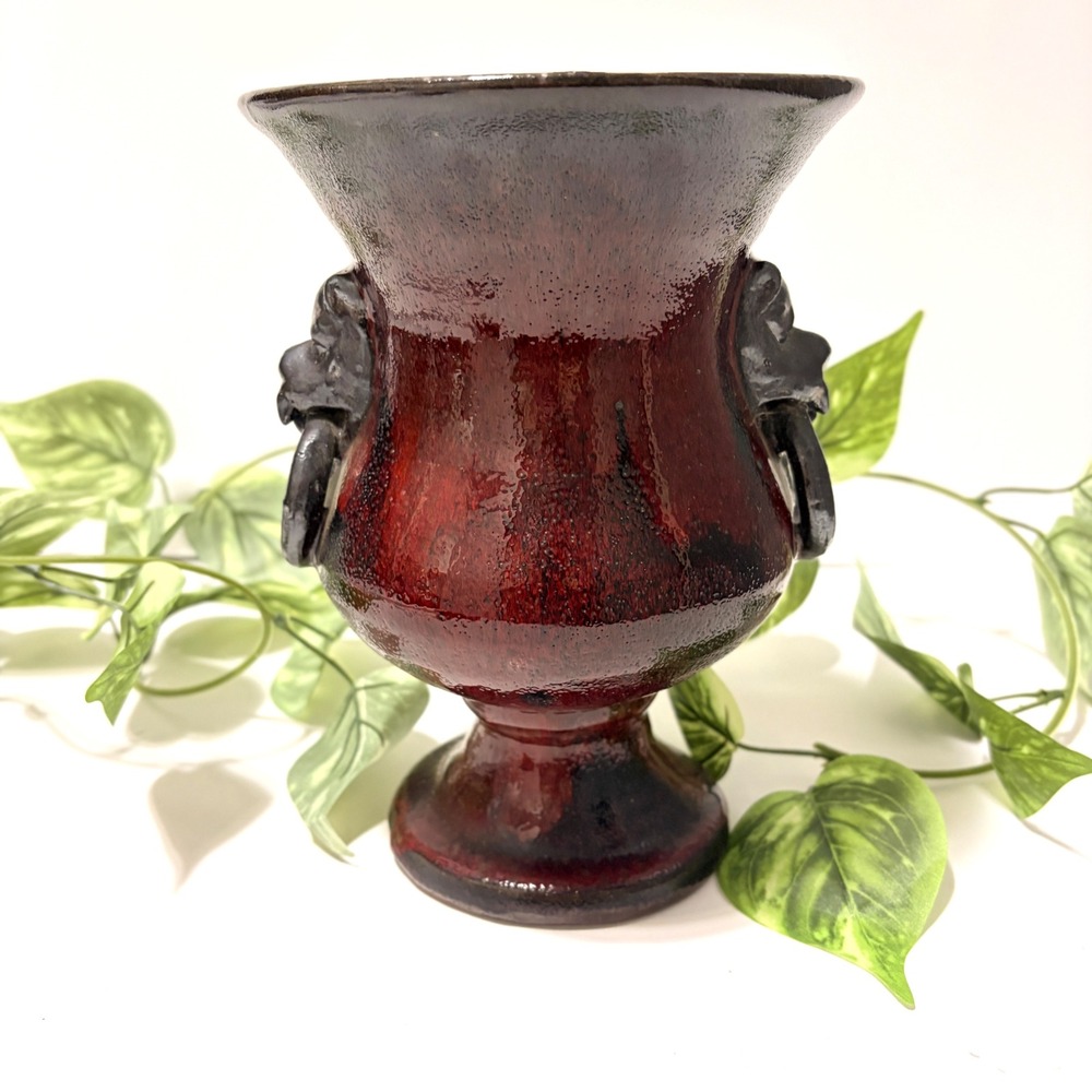 RARE Gargoyle Handle Urn Vase Oxblood Red Black Volcanic Glaze Terracotta 8.5"